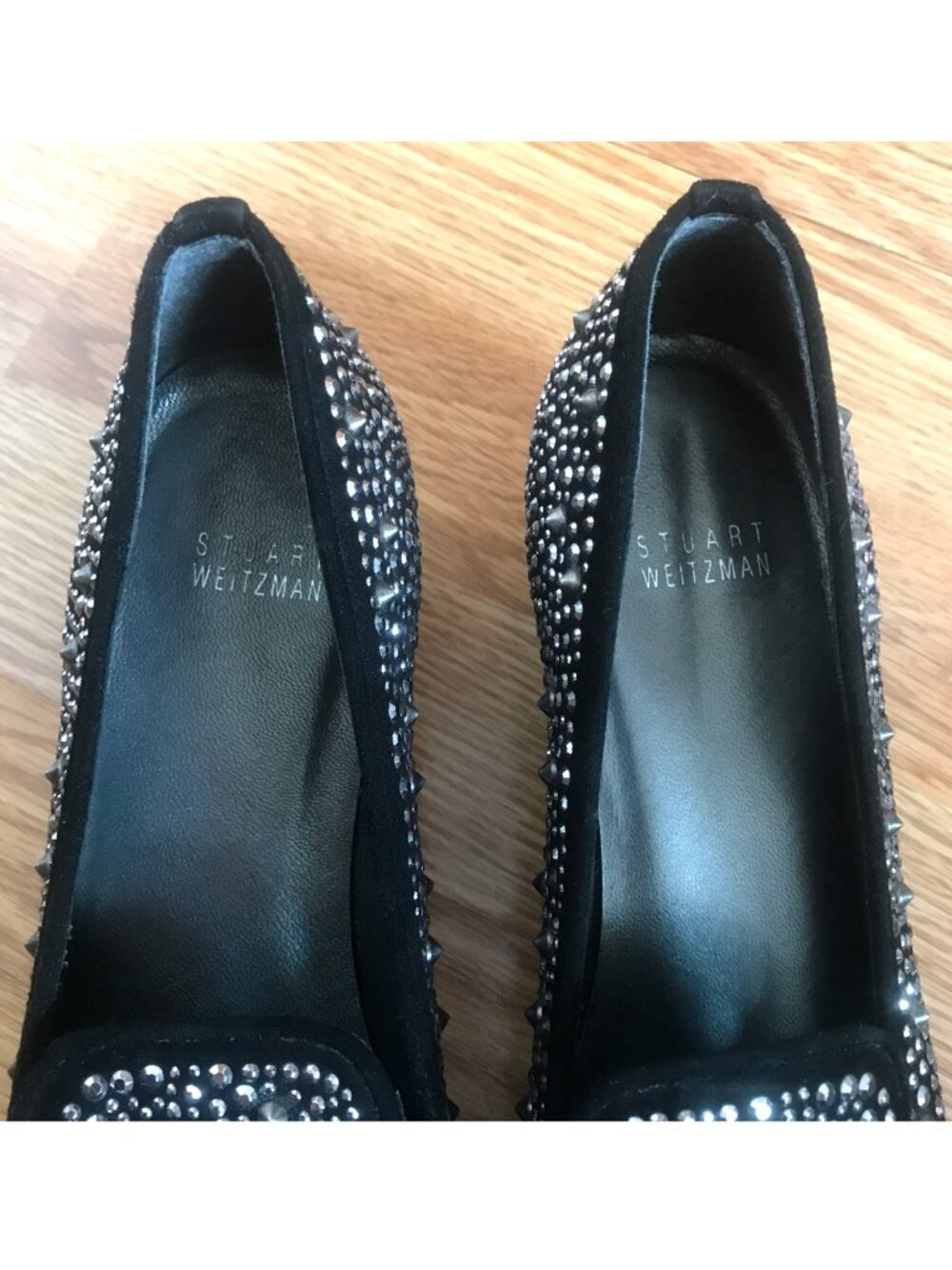 Stuart Weitzman Slipbeads Black Suede Studded Sparkly Rhinestone Loafers 8 - Picture 9 of 12